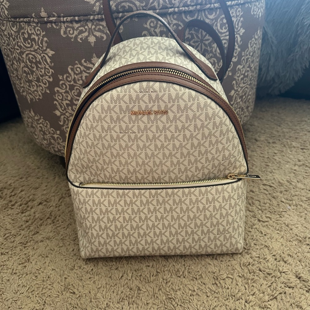 Michael Kors Beige Logo Mini Backpack with Brown Trim